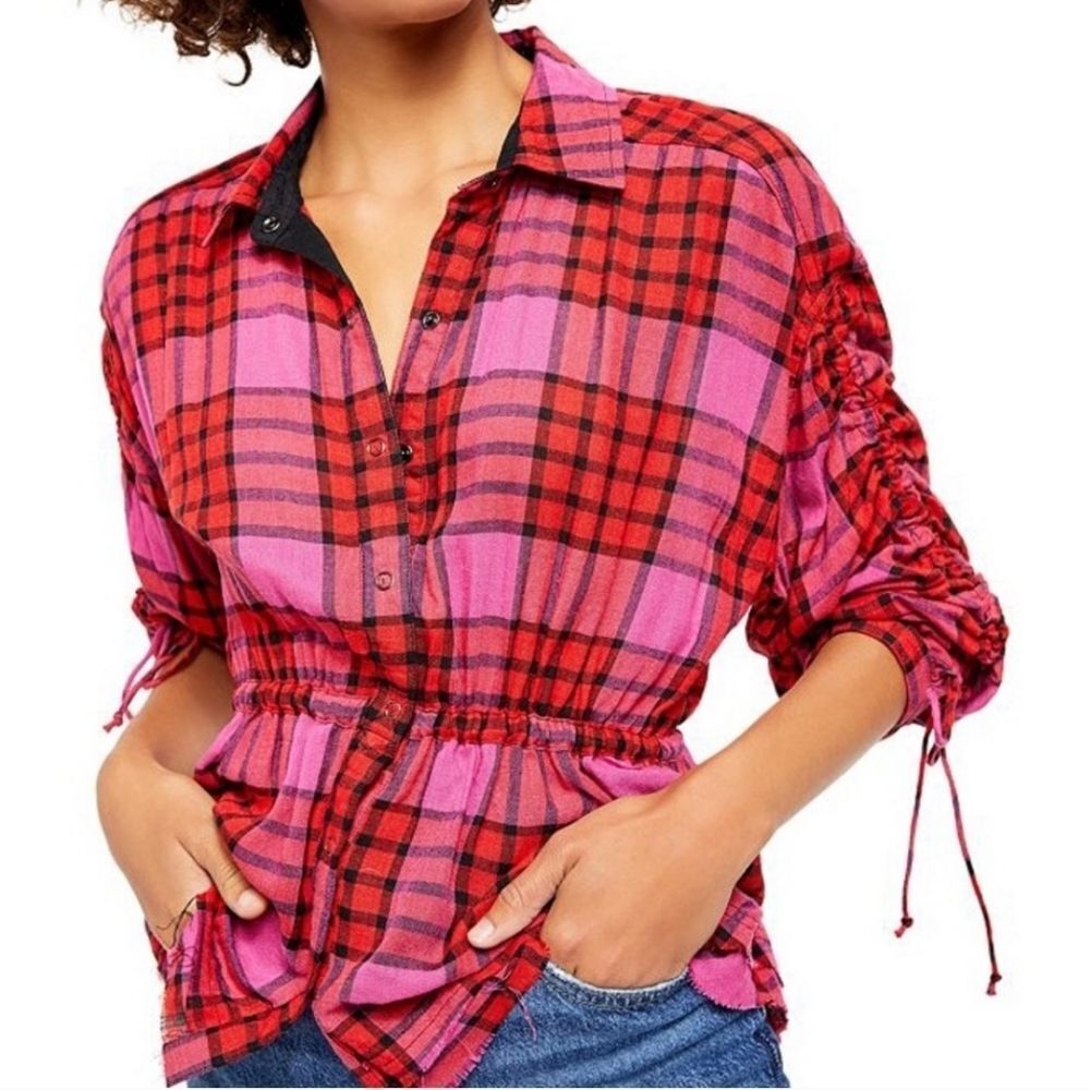 Free People‎ We The Free Red Combo Pacific Dawn Button Down Plaid Shirt Sz M NWT
